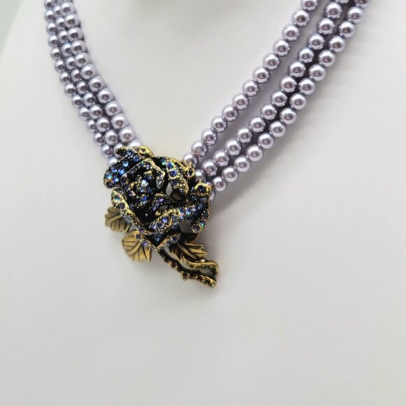 Heidi Daus Tanzanite Swarovski Crystal Rose with Triple Strand Blue Pearls - Picture 6 of 9